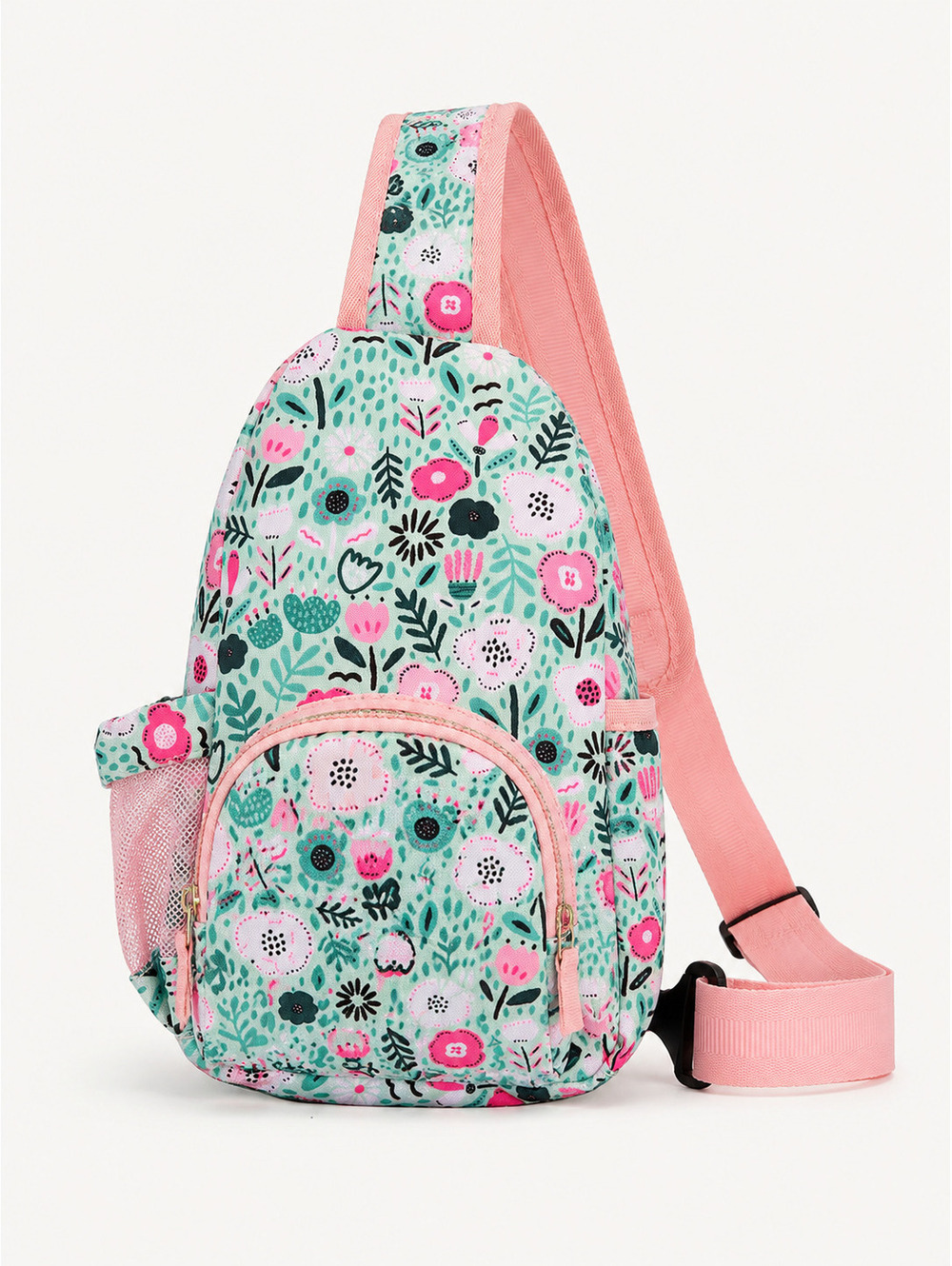 Floral Single Strap Sling Backpack Mint Pink Multi Pocket